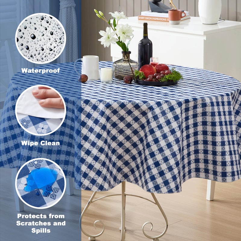 Newbridge 70 Inch Round Vinyl Tablecloth with Flannel Backing, Bistro Tavern Check, CafÃ© Checkered Indoor Outdoor Vinyl Table Cover for Picnic, Barbecue and Patio Dining, Blue - Image 3